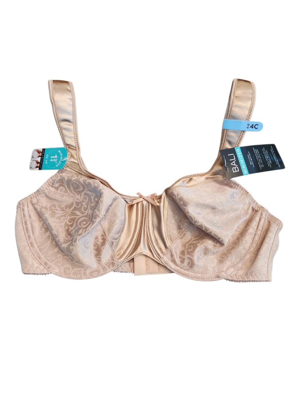 NEW Bali Satin Tracings Underwire Minimizer Bra Beige Size 34C